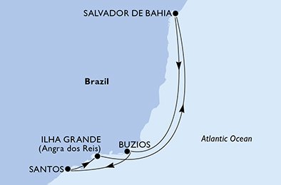 Reiseroute der MSC Preziosa am 23.12.2025, ab Santos (Sao Paulo), 6 Nächte