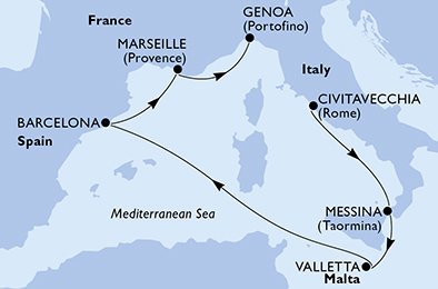 Reiseroute der MSC World Europa am 07.04.2025, ab Civitavecchia, 6 Nächte