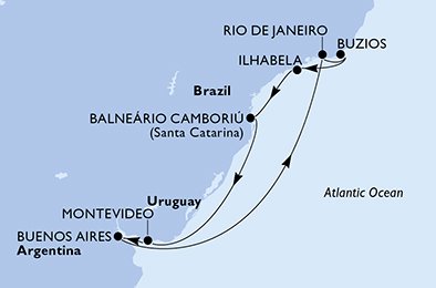 Reiseroute der MSC Fantasia am 07.02.2026, ab Montevideo, 9 Nächte