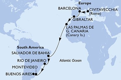 Reiseroute der MSC Fantasia am 06.11.2025, ab Civitavecchia, 18 Nächte