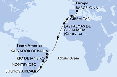 Reiseroute der MSC Fantasia am 08.11.2025, ab Barcelona, 16 Nächte