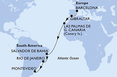 Reiseroute der MSC Fantasia am 08.11.2025, ab Barcelona, 15 Nächte