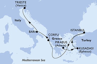 Reiseroute der MSC Fantasia am 23.10.2025, ab Piräus (Athen), 6 Nächte