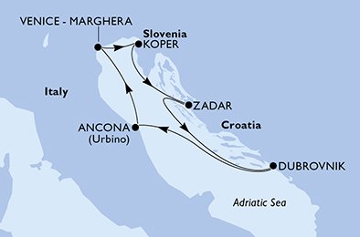 Reiseroute der MSC Lirica am 11.10.2025, ab Venedig (Marghera), 5 Nächte