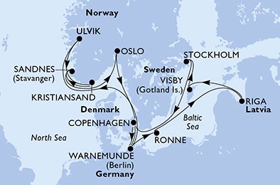 Reiseroute der MSC Magnifica am 19.07.2026, ab Warnemünde, 14 Nächte