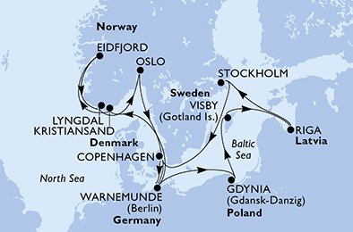 Reiseroute der MSC Magnifica am 27.06.2026, ab Kopenhagen, 14 Nächte