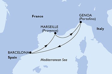 Reiseroute der MSC Splendida am 21.10.2025, ab Genua, 4 Nächte