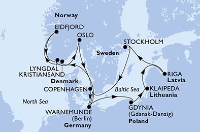 Reiseroute der MSC Magnifica am 21.06.2026, ab Warnemünde, 14 Nächte