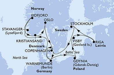 Reiseroute der MSC Magnifica am 07.06.2026, ab Warnemünde, 14 Nächte