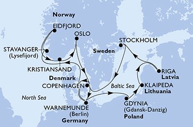 Reiseroute der MSC Magnifica am 14.06.2026, ab Warnemünde, 14 Nächte