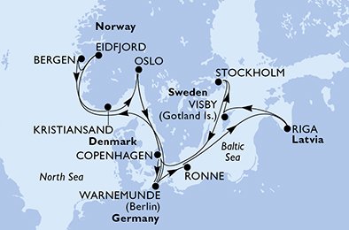 Reiseroute der MSC Magnifica am 11.07.2026, ab Kopenhagen, 14 Nächte