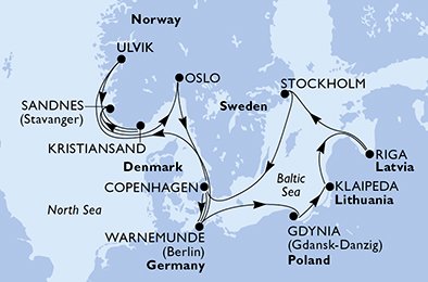 Reiseroute der MSC Magnifica am 26.07.2026, ab Warnemünde, 14 Nächte