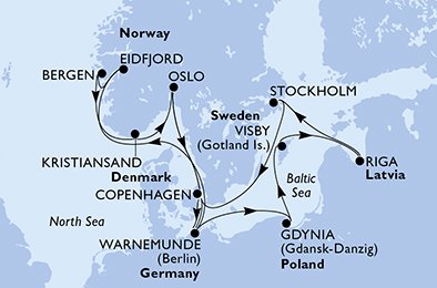 Reiseroute der MSC Magnifica am 04.07.2026, ab Kopenhagen, 14 Nächte