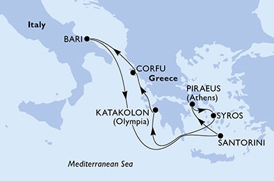 Reiseroute der MSC Sinfonia am 08.07.2025, ab Piräus (Athen), 7 Nächte