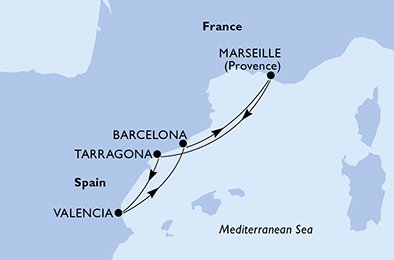 Reiseroute der MSC Splendida am 16.10.2025, ab Marseille, 4 Nächte