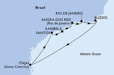 Reiseroute der MSC Lirica am 21.12.2025, ab Itajai, 7 Nächte