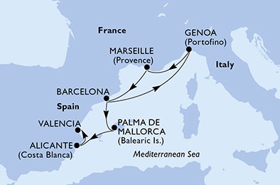 Reiseroute der MSC Splendida am 03.05.2025, ab Barcelona, 7 Nächte