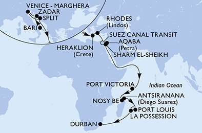 Reiseroute der MSC Opera am 31.10.2025, ab Bari, 28 Nächte