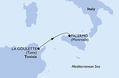 Reiseroute der MSC Seaside am 31.07.2025, ab La Goulette (Tunis), 1 Nacht