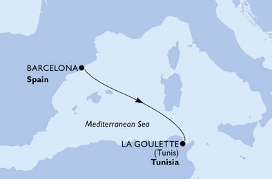 Reiseroute der MSC Seaside am 29.04.2025, ab Barcelona, 2 Nächte