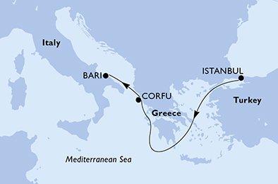 Reiseroute der MSC Sinfonia am 30.04.2025, ab Istanbul, 3 Nächte