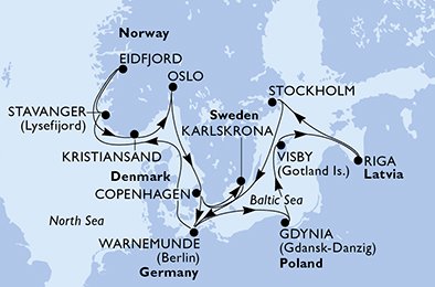 Reiseroute der MSC Magnifica am 05.06.2026, ab Kopenhagen, 15 Nächte