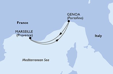 Reiseroute der MSC Grandiosa am 14.11.2025, ab Marseille, 2 Nächte