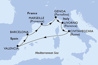 Reiseroute der MSC Orchestra am 03.12.2025, ab Livorno, 7 Nächte