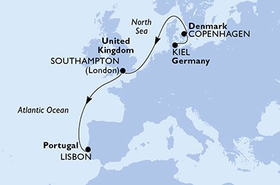 Reiseroute der MSC Euribia am 11.10.2025, ab Kiel, 7 Nächte