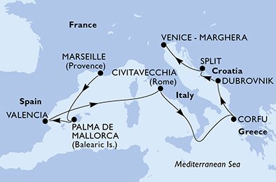 Reiseroute der MSC Lirica am 03.04.2025, ab Marseille, 9 Nächte