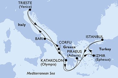 Reiseroute der MSC Fantasia am 24.05.2026, ab Piräus (Athen), 9 Nächte