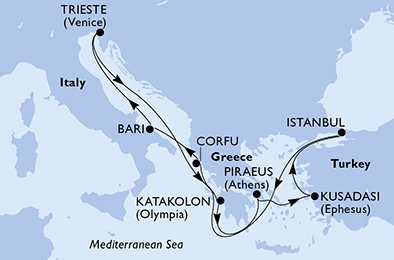 Reiseroute der MSC Fantasia am 15.05.2026, ab Piräus (Athen), 9 Nächte