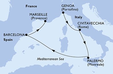 Reiseroute der MSC Splendida am 16.04.2025, ab Genua, 5 Nächte