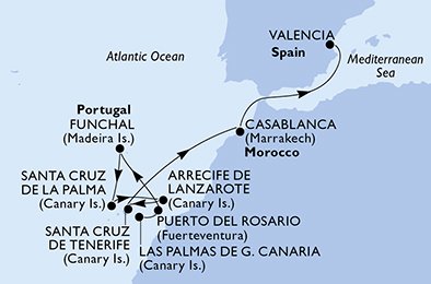 Reiseroute der MSC Opera am 17.03.2025, ab Las Palmas, 10 Nächte