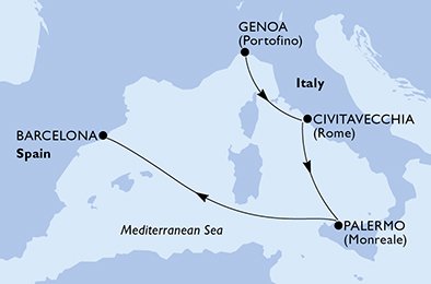 Reiseroute der MSC Splendida am 16.04.2025, ab Genua, 4 Nächte