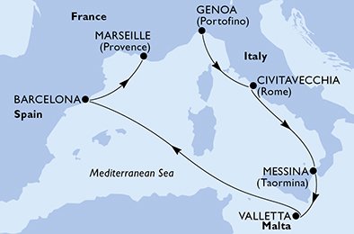 Reiseroute der MSC World Europa am 30.03.2025, ab Genua, 6 Nächte