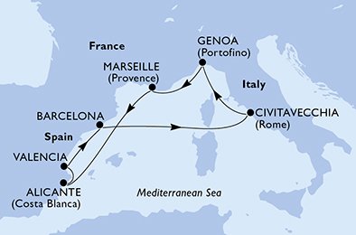 Reiseroute der MSC Magnifica am 17.12.2025, ab Barcelona, 8 Nächte