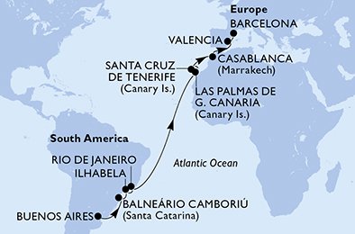 Reiseroute der MSC Fantasia am 23.03.2026, ab Buenos Aires, 19 Nächte