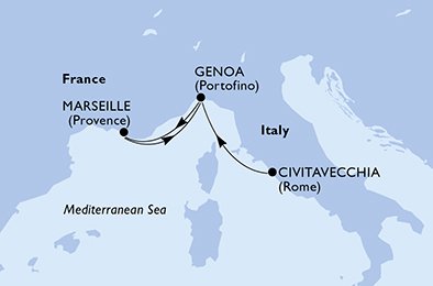 Reiseroute der MSC Magnifica am 12.12.2025, ab Civitavecchia, 3 Nächte