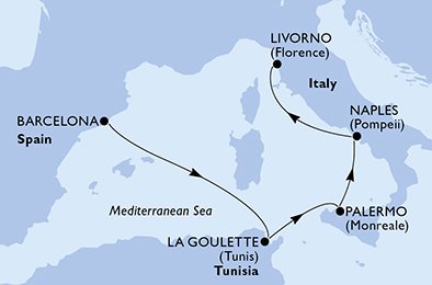 Reiseroute der MSC Seaside am 29.04.2025, ab Barcelona, 5 Nächte