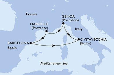 Reiseroute der MSC Magnifica am 15.12.2025, ab Genua, 5 Nächte