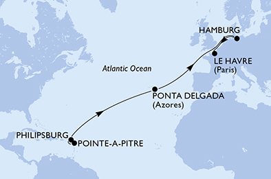 Reiseroute der MSC Virtuosa am 05.04.2026, ab Pointe-a-Pitre, 14 Nächte