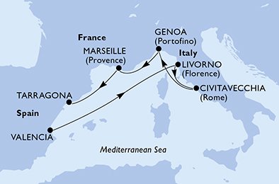 Reiseroute der MSC Splendida am 10.05.2025, ab Valencia, 6 Nächte