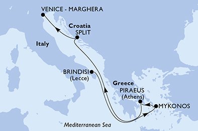 Reiseroute der MSC Armonia am 27.10.2025, ab Brindisi, 6 Nächte