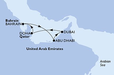 Reiseroute der MSC Euribia am 13.03.2025, ab Abu Dhabi, 6 Nächte