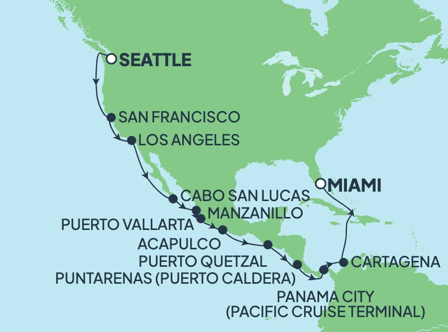 Reiseroute der Norwegian Encore am 19.10.2025, ab Seattle, 20 Nächte