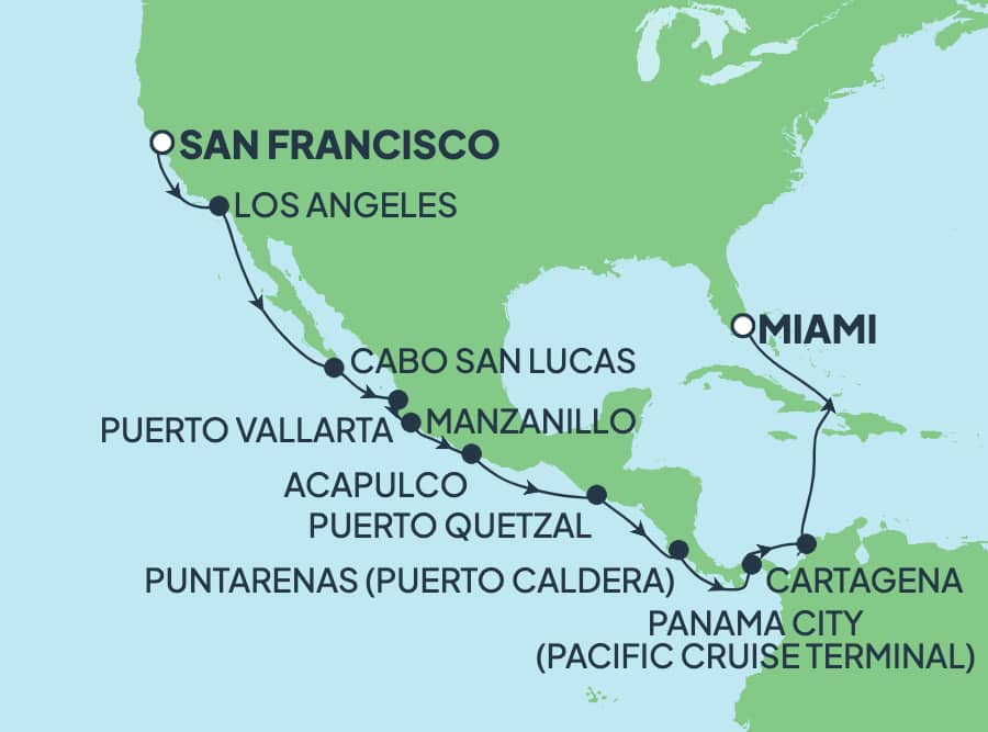 Reiseroute der Norwegian Encore am 21.10.2025, ab San Francisco, 18 Nächte