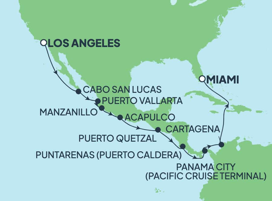 Reiseroute der Norwegian Encore am 23.10.2025, ab Los Angeles, 16 Nächte