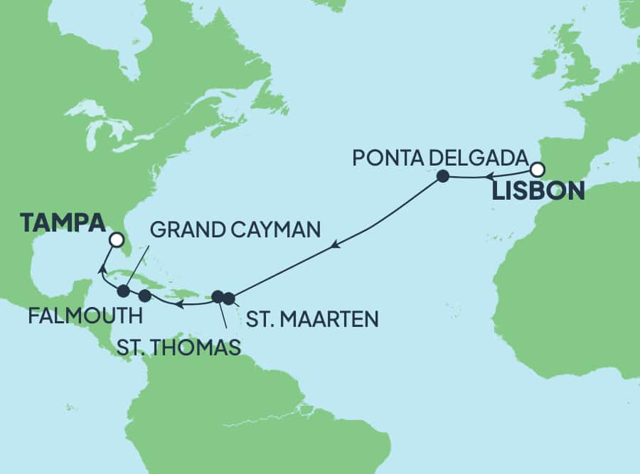 Reiseroute der Norwegian Star am 20.11.2025, ab Lissabon, 15 Nächte