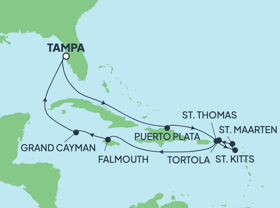 Reiseroute der Norwegian Star am 24.12.2025, ab Tampa, 12 Nächte